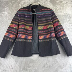 Coldwater Creek Beaded Boho Jacket Women's‎ 12 Black Open Blazer 90s Funky(1348)